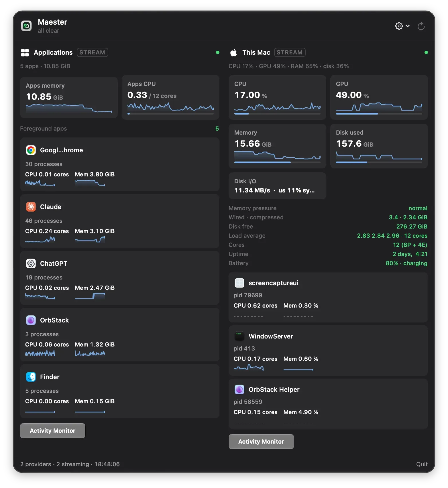 The Maester panel in dark mode. It has the same layout on a dark grey background, with white text and bright green status values.
